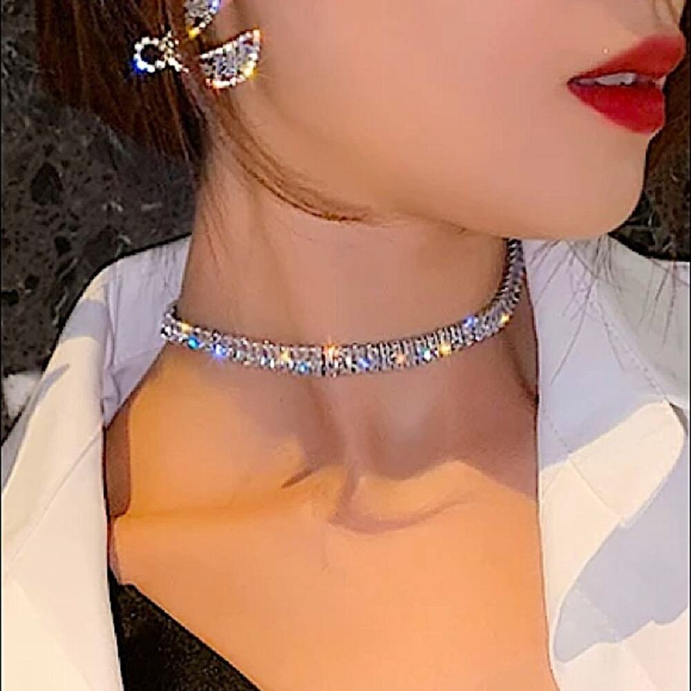 Sterling Silver Diamond Zircoin Rhinestone Choker Measures 18 In. Adjust 16"-18" - Picture 6 of 8